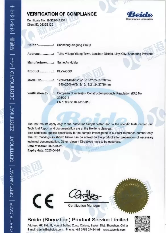 Verification of compliance-PLYWOOD