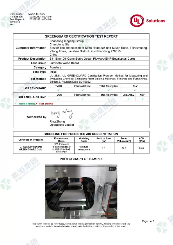 US UL - GREENGUARD CERTIFICATION TEST REPORT
